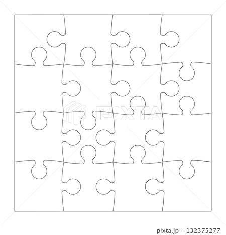 Puzzle pieces thin contour isolated on white background. Jigsaw puzzle game square template with angles. Outlines puzzle pieces. Adjustable, editable simple mockup. 132375277