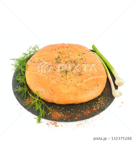 Round Savory Pie or Cheese Bread on Slate Board 132375288