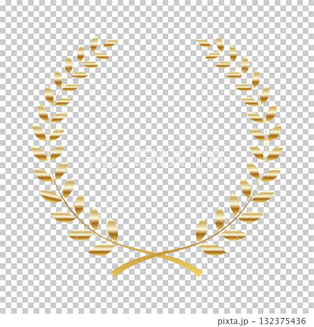 月桂樹フレームのイラスト　月桂冠シンプル　金色ゴールド　メタリック　ベクターpng 132375436