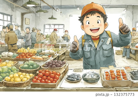 市場で出荷する男性　サムズアップ 132375773