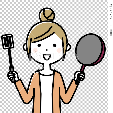 Young woman cooking with a frying pan 132375813