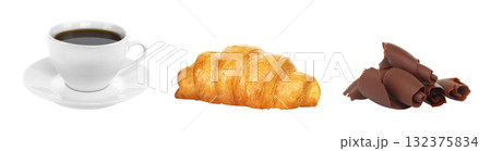 French breakfast food set: coffee cup, croissant and chocolate curls, isolated on transparent background French breakfast food set: coffee cup, croissant and chocolate curls, isolated on transparent background 132375834