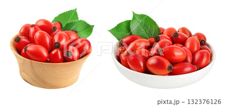 Rose hip in wooden and ceramic bowl isolated on a white background with full depth of field Rose hip in wooden and ceramic bowl isolated on a white background with full depth of field 132376126