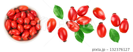 Rose hip in ceramic bowl isolated on a white background with full depth of field. Top view. Flat lay. 132376127
