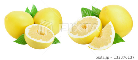 pomelo with half and leaf isolated on white background with  full depth of field 132376137