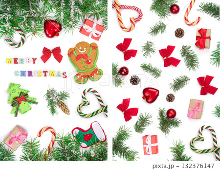 Christmas Frame of Fir tree branch with snow isolated on white background. Top view 132376147