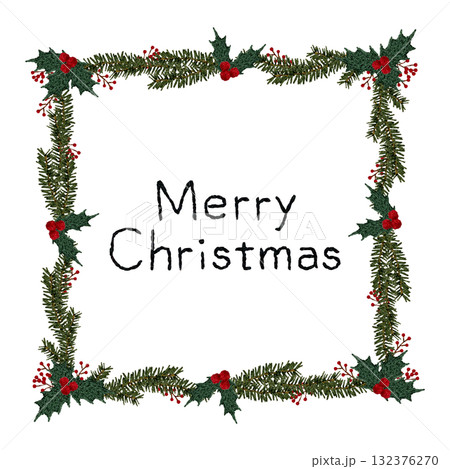 【文字入りクリスマスリース四角枠】手刺繍イラスト素材 【文字入りクリスマスリース四角枠】手刺繍イラスト素材 132376270