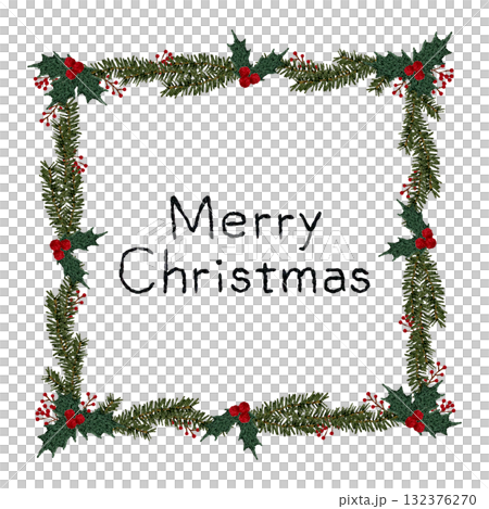 [Christmas wreath square frame with text] Hand-embroidered illustration material 132376270