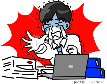 深夜残業の激務に泣き出す若いビジネスマンのベクターイラスト 132376413
