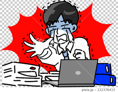 深夜残業の激務に泣き出す若いビジネスマンのベクターイラスト 132376413