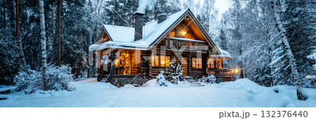 A cozy log cabin surrounded by tall evergreen trees glows with warm lights. Snow blankets the ground, creating a serene winter scene as smoke rises from the chimney, banner 132376440