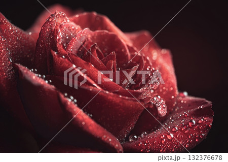 Beautiful Red Rose With Water Droplets Highlighting Its Petals in Soft Light 132376678