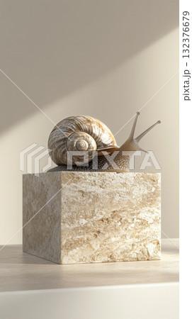Snail Crawls on a Light-Colored Stone Block in a Minimalistic Setting 132376679