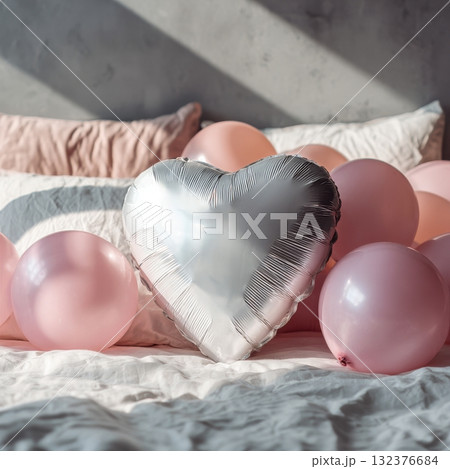 Heart-shaped Balloon With Pink Balloons on a Bed in a Cozy Room 132376684
