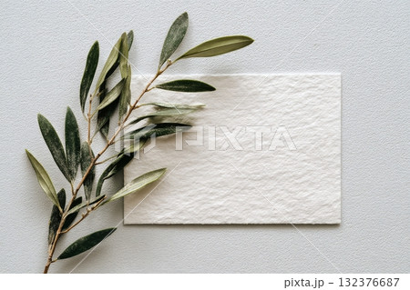 Natural Greenery and Blank Paper Create a Calming Aesthetic on a Light Surface 132376687