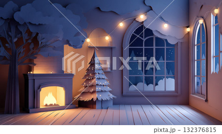 クリスマスツリーの置かれた暖炉のあるリビング クリスマスツリーの置かれた暖炉のあるリビング 132376815