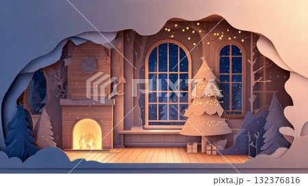 クリスマスツリーの置かれた暖炉のあるリビング クリスマスツリーの置かれた暖炉のあるリビング 132376816