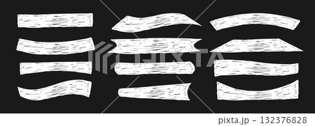 Curvature Freeform. Chalk white ribbon and banner shapes on black background. Hand Drawn various curved elements, Form. Isolated Crayon textured drawings scrawls. Vector illustration. Not AI 132376828