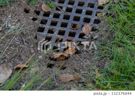 屋外にある鉄製の格子蓋　葉っぱが目地に詰まっているグレーチング 132376844