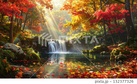 Waterfall Scenery with Colorful Autumn Foliage 132377326
