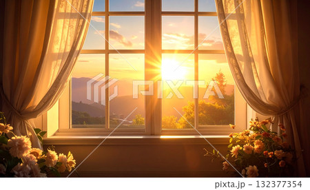 Golden Sunrise Through Window with Floral Arrangement Golden Sunrise Through Window with Floral Arrangement 132377354