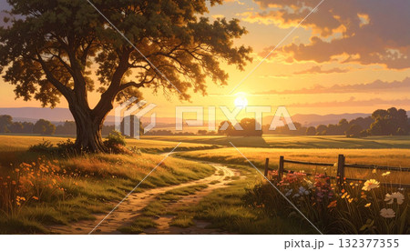 Serene Sunset Landscape with Tree and Winding Path 132377355