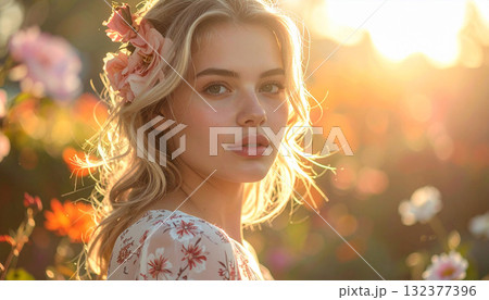 Portrait of Blonde Woman with Flower Crown at Sunset 132377396