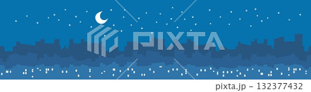 City by night vector illustration with skyscrapers and buildings silhouette, lights in windows, stars and moon. City by night vector illustration with skyscrapers and buildings silhouette, lights in windows, stars and moon. 132377432