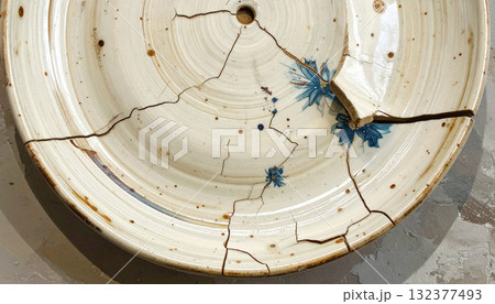 Damaged Plate with Blue Floral Design and Cracks 132377493