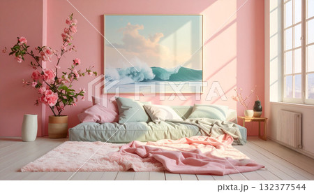 Cozy Pastel Room Interior with Waves Artwork Cozy Pastel Room Interior with Waves Artwork 132377544
