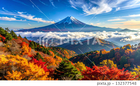 Scenic View of Mount Fuji and Autumn Foliage in Japan 132377548