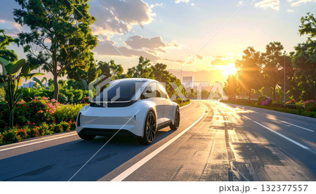 Electric Vehicle Driving on Road at Sunset Electric Vehicle Driving on Road at Sunset 132377557