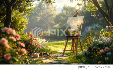 Artist's Easel in Garden Painting Landscape Scene 132377600