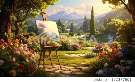 Painting an idyllic landscape scene on canvas Painting an idyllic landscape scene on canvas 132377601