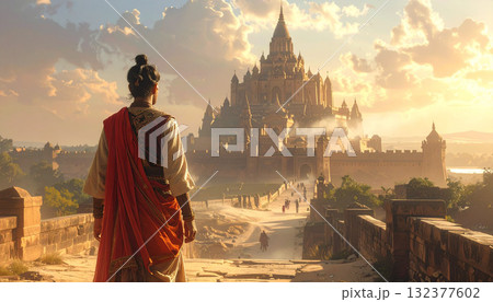 Person Gazing at Grand Ancient Palace at Sunset 132377602