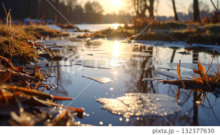Spring Thaw Sun Rises Early Spring Thaw Sunlight Reflecting on Frozen...のイラスト素材 [132377630 ...