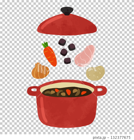 Red pot and curry ingredients Watercolor hand-drawn vector illustration 132377675