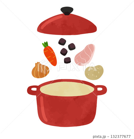 赤い鍋とカレーの材料　水彩風手描きベクターイラスト 132377677