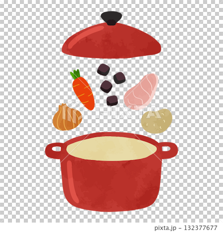 赤い鍋とカレーの材料　水彩風手描きベクターイラスト 132377677