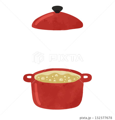 赤い鍋と沸騰したお湯　水彩風手描きベクターイラスト 132377678
