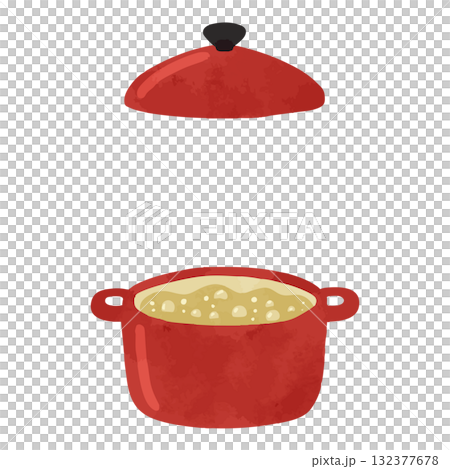 赤い鍋と沸騰したお湯　水彩風手描きベクターイラスト 132377678