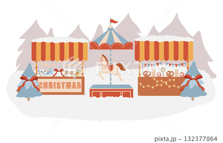 Winter amusement park, Christmas market, winter scene. Christmas fair, carousel with horses, market stalls, fair tents. Hand-drawn flat illustration. Composition with a winter landscape isolated on a 132377864