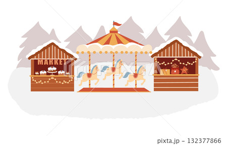 Winter amusement park, Christmas market, winter scene. Christmas fair, carousel with horses, market stalls, fair tents. Hand-drawn flat illustration. Composition with a winter landscape isolated on a 132377866