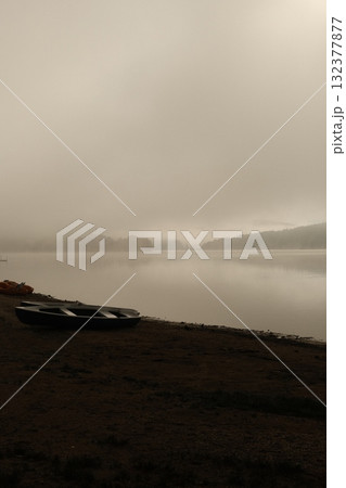 Foggy Lake Sunrise Boat Misty Tranquil Scene Foggy Lake Sunrise Boat Misty Tranquil Scene 132377877
