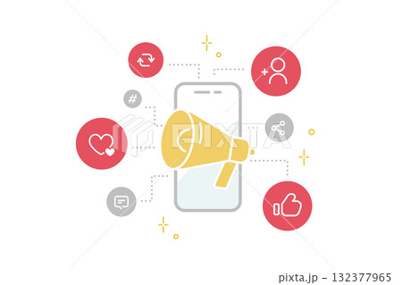 スマホとメガホンを使ったSNS広告のベクターイラスト (マーケティング･ネット集客)  132377965