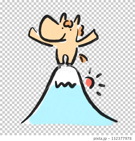 富士山頂上舉起手臂的馬和新年的第一縷日出，水墨畫 132377978