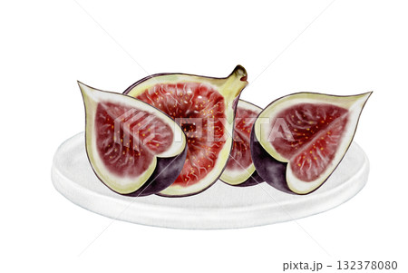 Fig on a plate watercolor drawing. Fig tree fruit illustration on a white background. Food clip art. Ideal for cosmetics logos and culinary recipes. 132378080