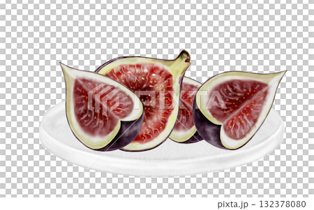 Fig on a plate watercolor drawing. Fig tree fruit illustration on a white background. Food clip art. Ideal for cosmetics logos and culinary recipes. 132378080
