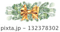 Christmas tree garland decorations with evergreen pine branches, satin bow with . Festive borders and dividers for xmas holiday designs. Hand drawn watercolor style 132378302