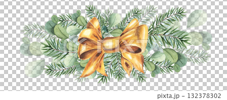 Christmas tree garland decorations with evergreen pine branches, satin bow with . Festive borders and dividers for xmas holiday designs. Hand drawn watercolor style 132378302